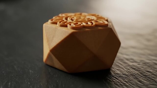 Geometric carved dessert with floral pattern on dark textured stone surface