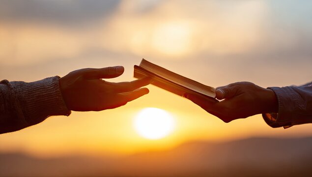 Two hands silhouetted against a vibrant sunset exchange a book, symbolizing knowledge, sharing, and the passing of wisdom.