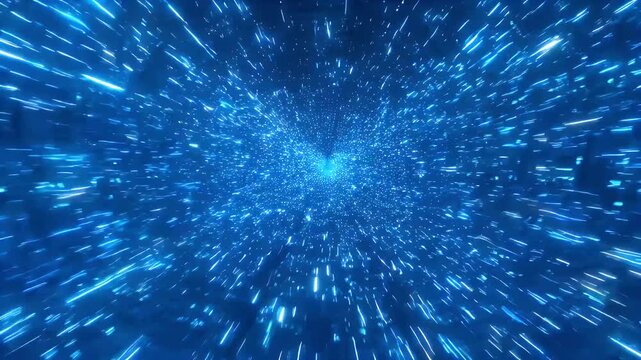 Abstract blue digital tunnel warp motion background with glowing particles.