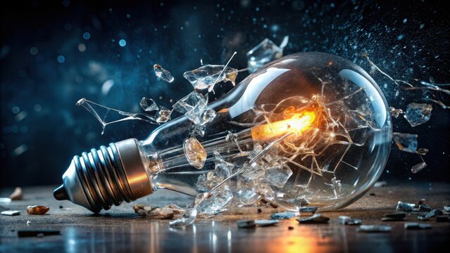 Shattered glass and glowing molten metal spill from a broken light bulb , bulb explosion, science experiment gone wrong