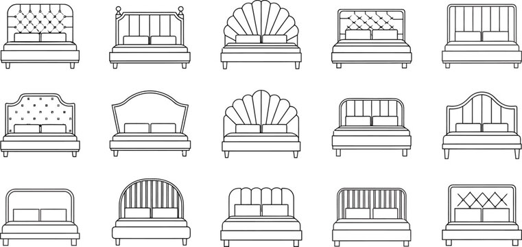 Collection of fifteen different bed headboard and frame designs in minimalist black and white vector line art style