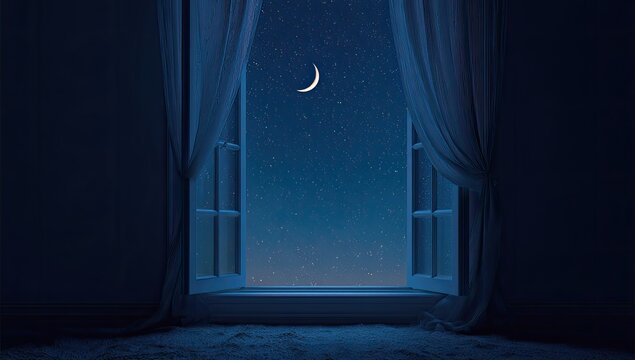 Open window reveals crescent moon and starry night sky with draped curtains