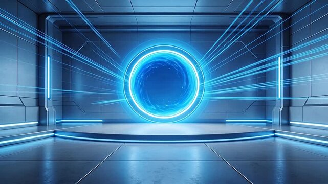 Futuristic room with glowing portal