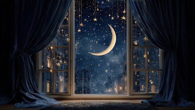 Window view of crescent moon in starry night sky with city lights & glowing stars