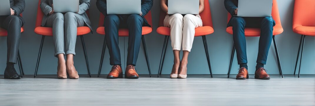 A row of professionals sit in a waiting area, each focused on their laptops, suggesting a modern business or interview setting.