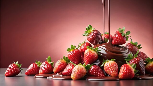 Rich, velvety dark chocolate pouring over plump red strawberries on a soft pastel pink background, creating a decadent and indulgent dessert scene , baking, kitchen