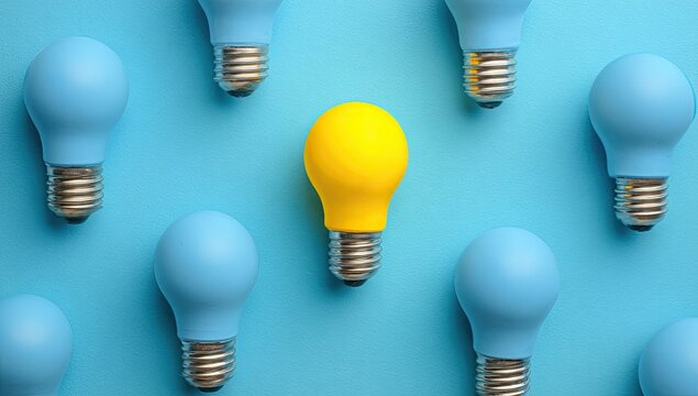 A single yellow light bulb stands out amongst a pattern of blue bulbs