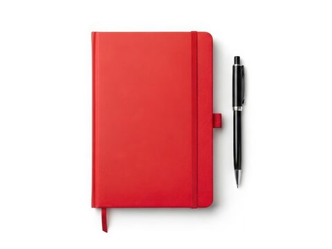 A vibrant red notebook with a matching pen resting on a white background