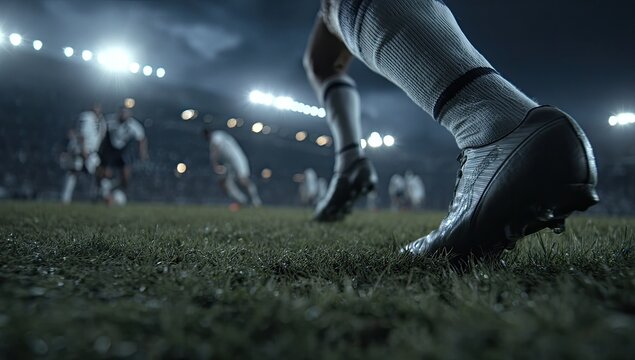 Close-up of soccer player's cleats on wet grass during a night game