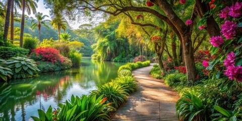 Fototapeta premium Jungle walkway through vibrant floral garden with shady canopy of tall trees and winding path leading to serene lake , natural beauty, tall trees