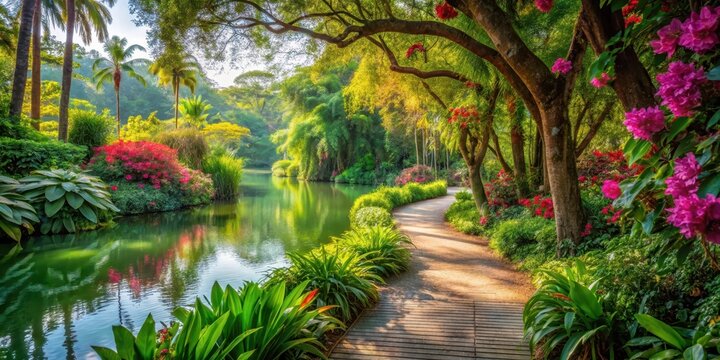 Jungle walkway through vibrant floral garden with shady canopy of tall trees and winding path leading to serene lake , natural beauty, tall trees