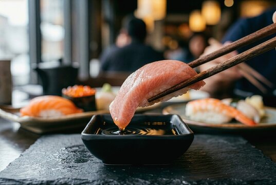 Chopsticks dipping fatty tuna otoro sushi into soy sauce, close up Japanese cuisine moment
