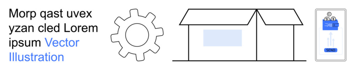 Obraz premium Technology systems, construction, housing design, identification verification, digital authentication, and innovation. Simple gear, house outline and mobile ID card. Technology systems