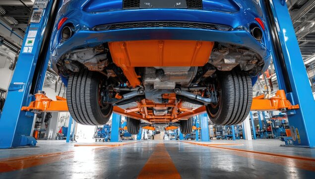 A vibrant blue sports car is lifted on a hydraulic lift in a modern automotive repair shop.