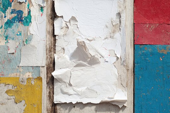 A close-up reveals a weathered wooden surface with layers of peeling paint in vibrant colors.