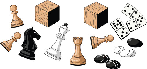Set of Traditional Board Game Illustrations Featuring Chess Pieces Domino Tiles Wooden Blocks and Go Stones for Indoor Leisure Entertainment and Strategy Gaming Graphic Designs © AFRUZA