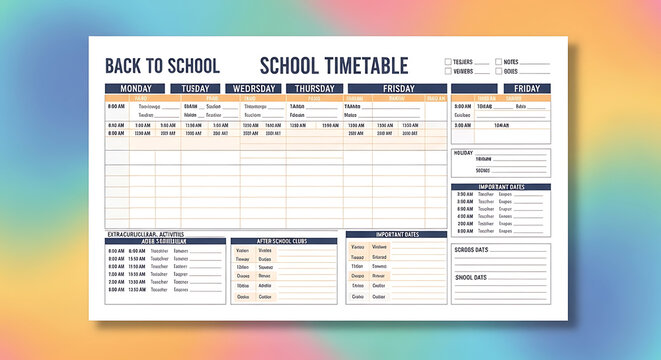 A back to school timetable with days of the week and time slots for planning activities
