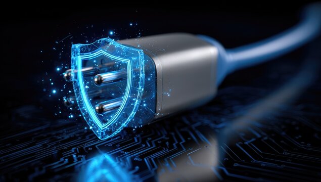 A USB-C connector is overlaid with a glowing blue shield, symbolizing data security and protection.