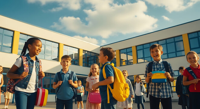 Group of smiling students with backpacks outside of school on a sunny day ready to learn