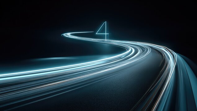 A dynamic light trail forms a glowing number four against a dark, textured background.