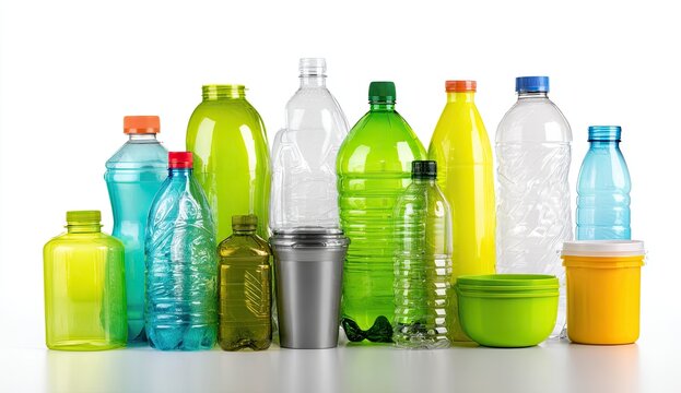 Assortment of colorful plastic bottles and containers, various shapes and sizes