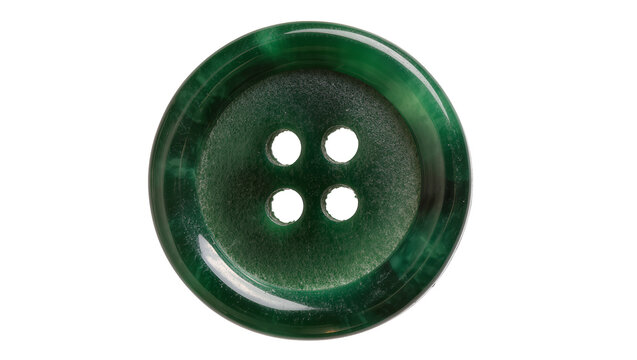 Deep green marbled resin button with four holes, isolated on transparent background
