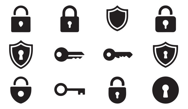 Security and access icons padlock shield key on transparent background.