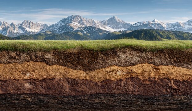 A cross-section view reveals the layered composition of soil, showcasing its various horizons against a backdrop of majestic snow-capped mountains and a lush green meadow.