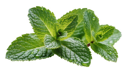 Fresh green mint leaves with water droplets, isolated on transparent background © Carlos