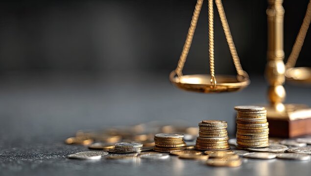 Golden scales hover over stacks of coins, symbolizing finance, justice, and value