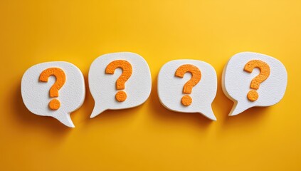 Four white speech bubbles with orange question marks are arranged in a row against a vibrant yellow background, creating a visually engaging and thought-provoking composition.