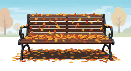 Naklejka premium A brown wooden bench with autumn leaves on a park path