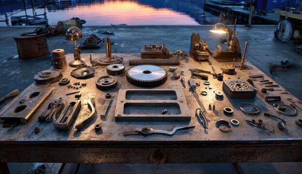 A workbench is covered with a diverse collection of metallic machine parts and tools, illuminated by a single lamp.