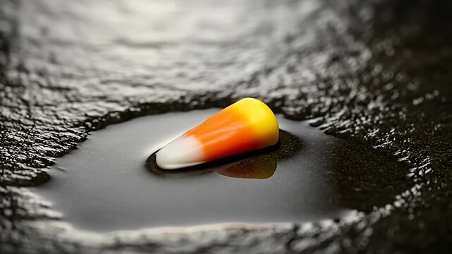 Candy corn resting in a puddle of water with a textured dark surface in the background
