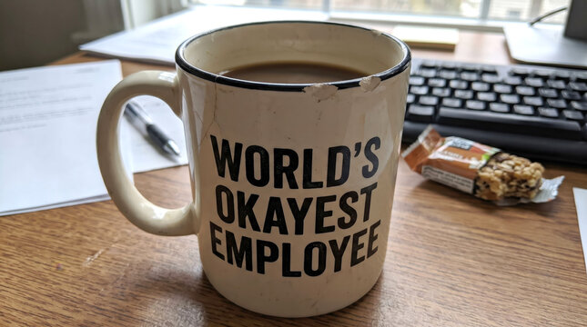 Mug with World Okayest Employee Text on Office Desk with Keyboard