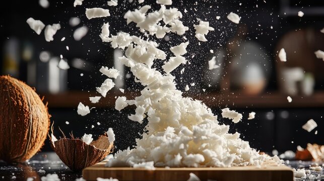 Coconut flake fall cascading fresh white flakes mid-air dark backdrop freeze-frame motion dramatic side lighting wooden surface culinary context ingredients