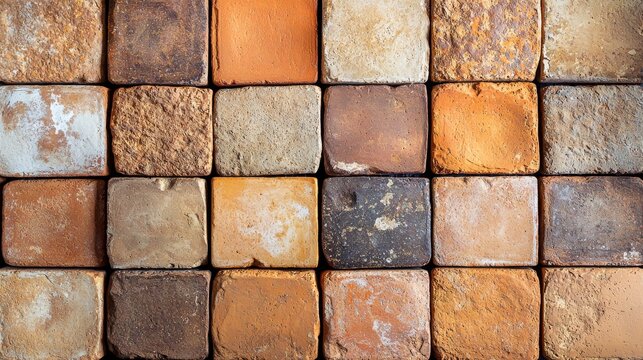 Raw terracotta clay tiles arranged in grid formation with natural weathered textures warm earthy rust orange tones overhead view for background design