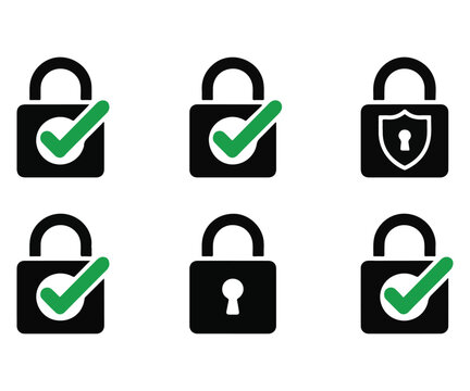 Set of black padlock icons with green checkmarks and shield sign.