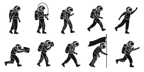 Astronaut silhouette icon pack showing diverse space activities and poses with astronaut silhouette cosmonaut exploration spaceman character collection activity movement carrying pointing © MST CHIN BANU BEGUM