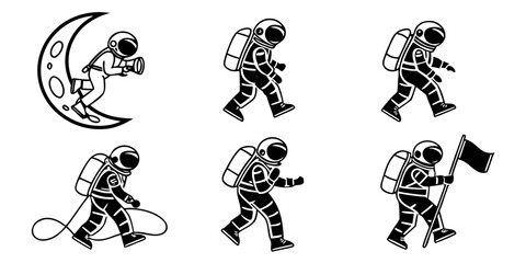 Set of six astronauts icons performing space tasks with space mission astronaut spaceman exploration cosmonaut silhouette collection universe equipment isolated research adventure floating © MST CHIN BANU BEGUM