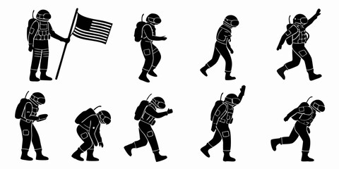 Astronaut silhouette collection showing various poses and space missions with astronaut silhouette cosmonaut exploration spaceman character collection activity movement research universe © MST CHIN BANU BEGUM