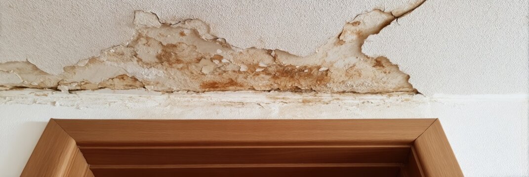 Peeling ceiling paint and water stains over a doorway