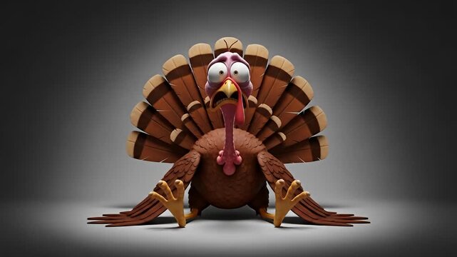 Animated turkey with wide eyes and open beak on gray background, feathers spread wide