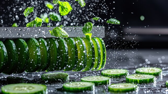 Mandoline slicing cucumber with precise blade cuts creating perfect vegetable rounds cascading downward with suspended water droplets in motion
