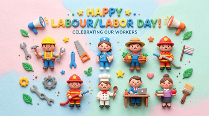 Obraz premium Flat lay claymation of Happy Labour Day with pastel Background
