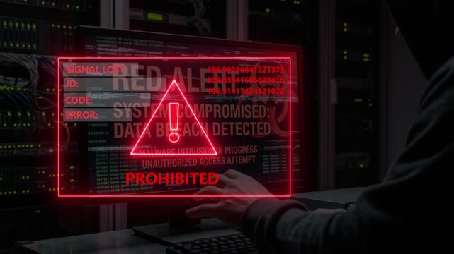 A hacker in a dark room with a hood over his head is typing on a keyboard, and a red alert warning is displayed on a screen