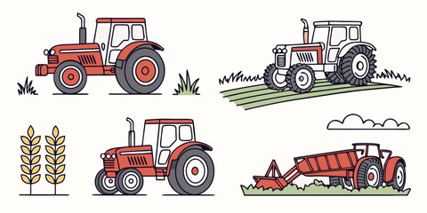 Collection of farm tractor icons showing different agricultural machinery on fields and crops with agriculture machinery agribusiness cultivation equipment industry farmhouse production © MST CHIN BANU BEGUM
