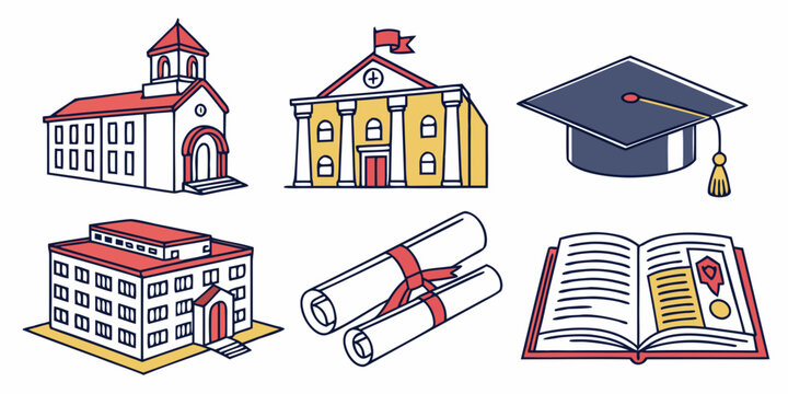 Set of education related icons including school buildings graduation cap diploma scrolls open textbook with education university academic learning graduation buildings architecture illustration