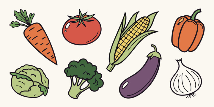 Various vegetable produce icons set featuring carrot tomato corn pepper cabbage broccoli eggplant garlic vegetables nutrition ingredients agriculture broccoli eggplant vegetable vegetarian