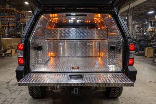 Customized truck bed with diamond plate, amber lights, and storage